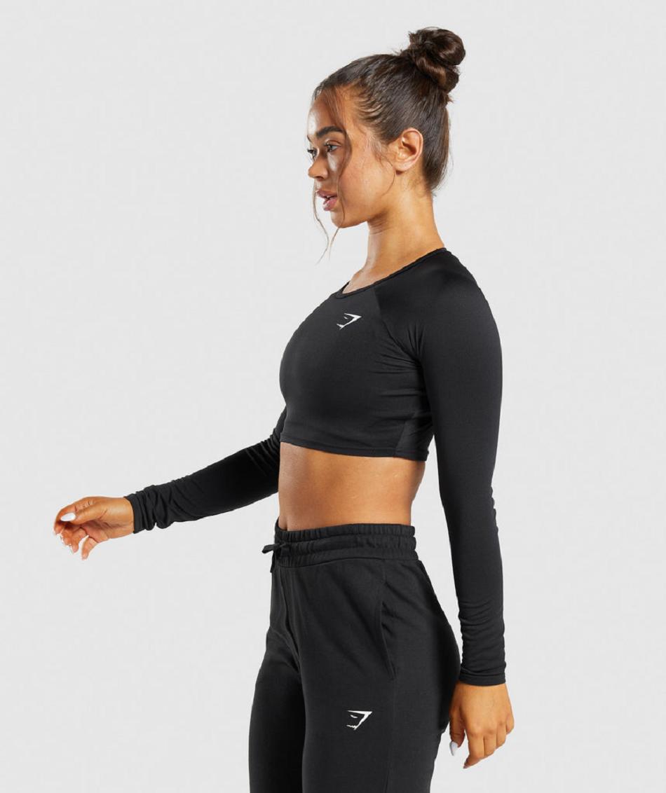 Przycięte Topy Damskie Gymshark Treningowe Long Sleeve Czarne | PL 2607CTV